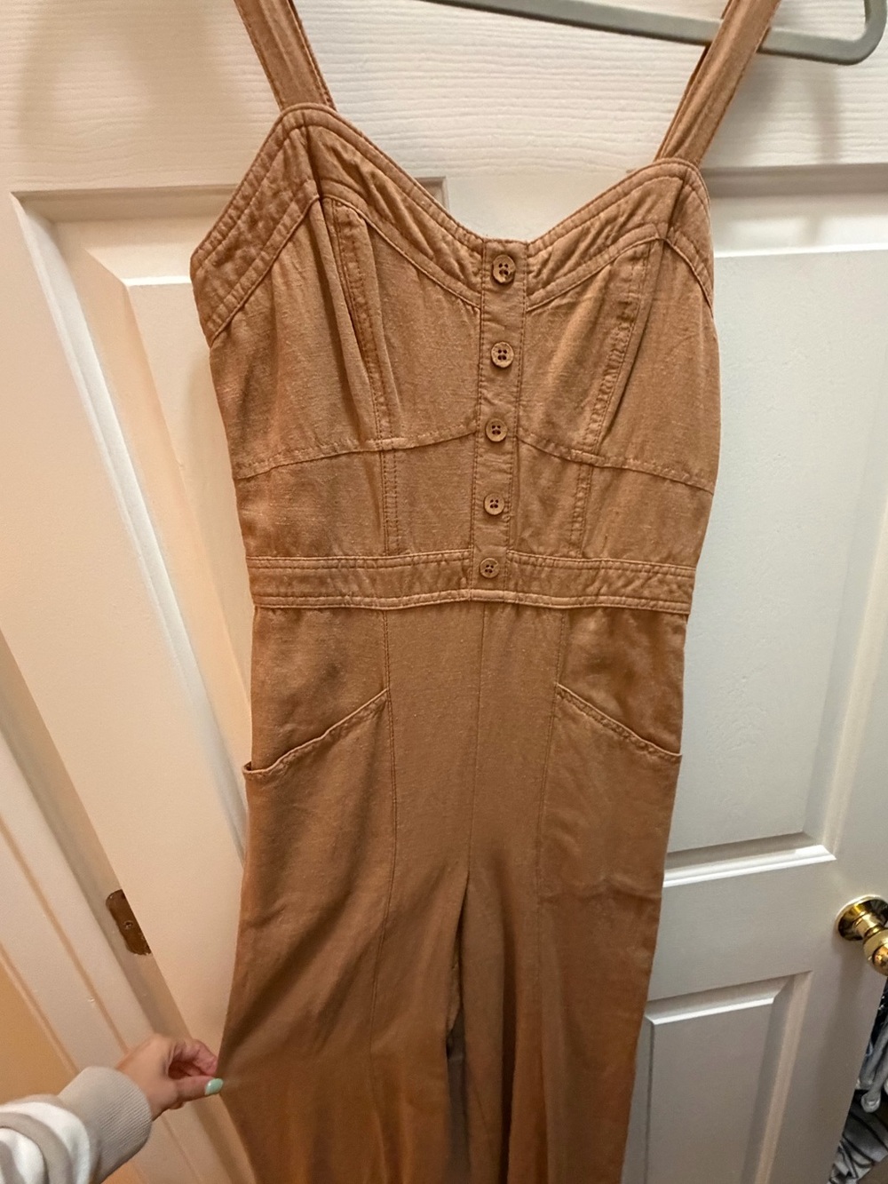 Japna Tan Button-Front Wide-Leg Romper Jumpsuit